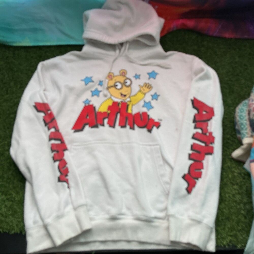 Y2K Arthur PBS Hoodie Sweatshirt White Graphic Pullover Cartoon Sleeve Print